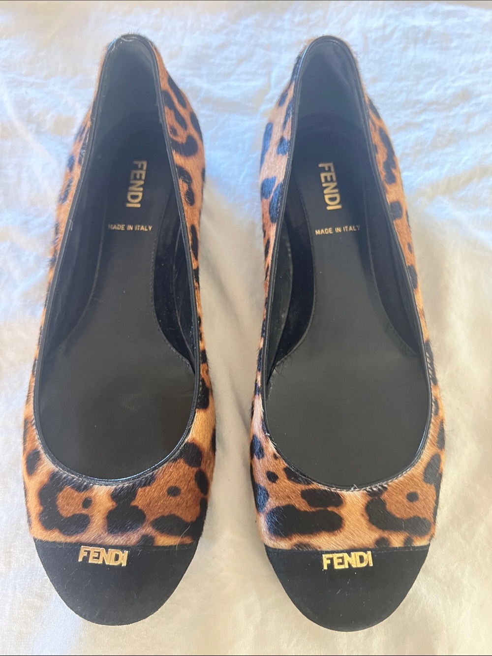 Fendi Leopard Spot Calf Hair Ballet Flats with Black Toe Cap